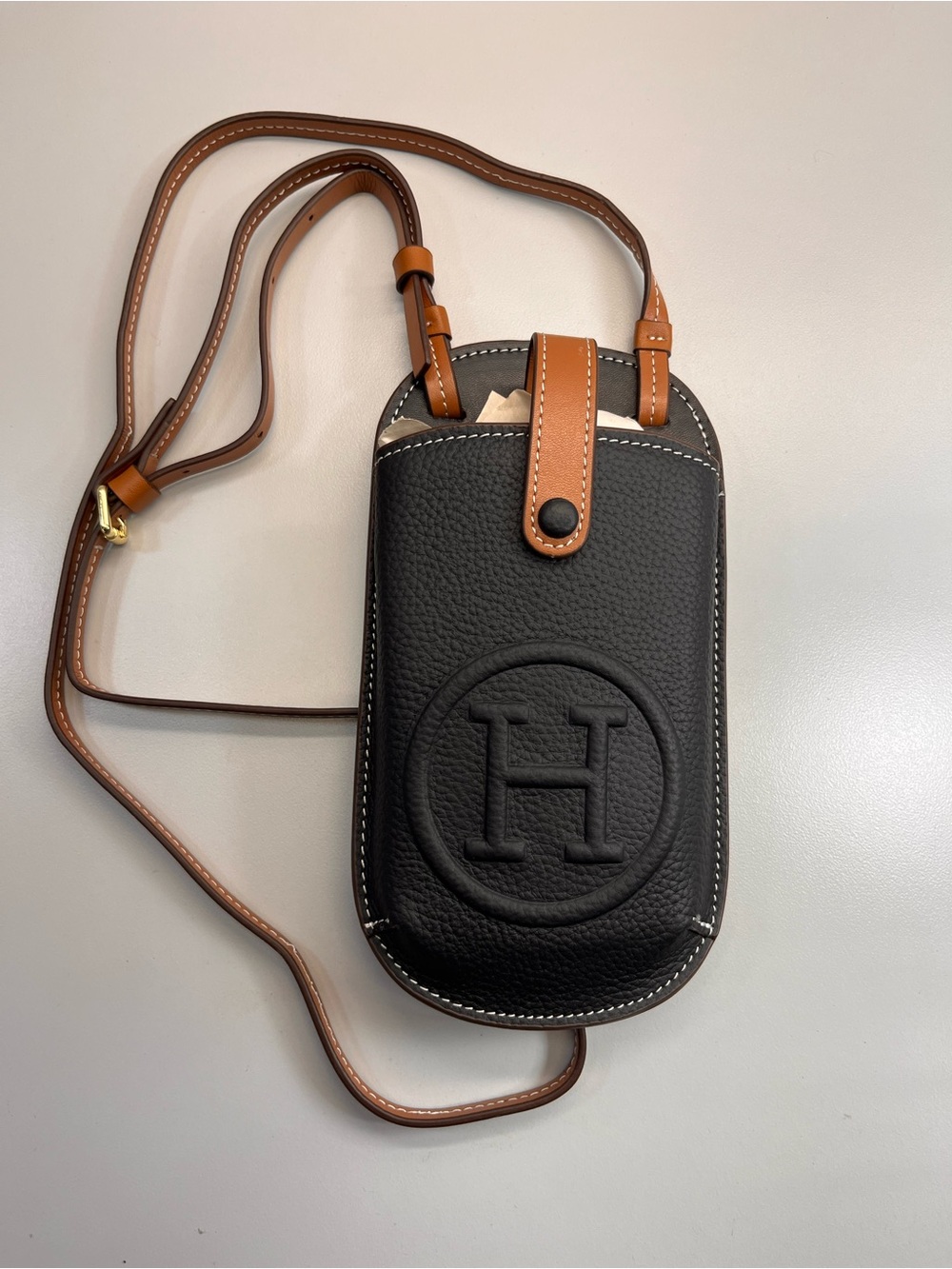 Hermes Black Leather Crossbody Phone Pouch with Brown Trim